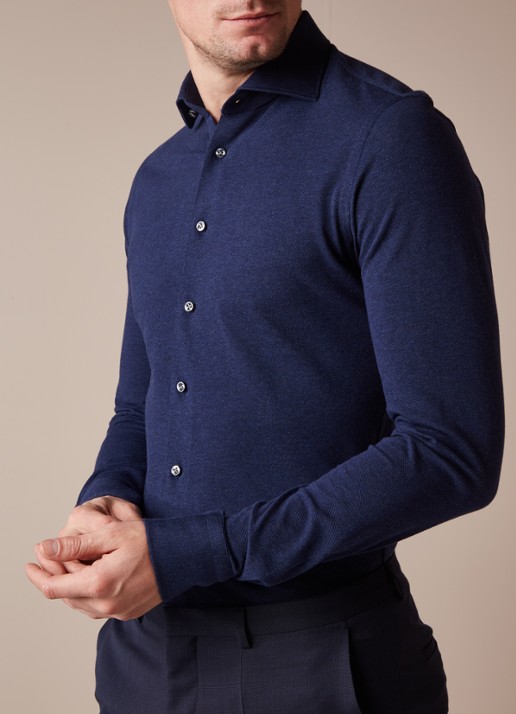 Profuomo Knitted Shirt slim fit overhemd van piqué katoen - detail 4 donkerblauw