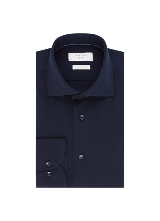 Profuomo Knitted slim fit jersey overhemd van katoen - voorkant 3 donkerblauw