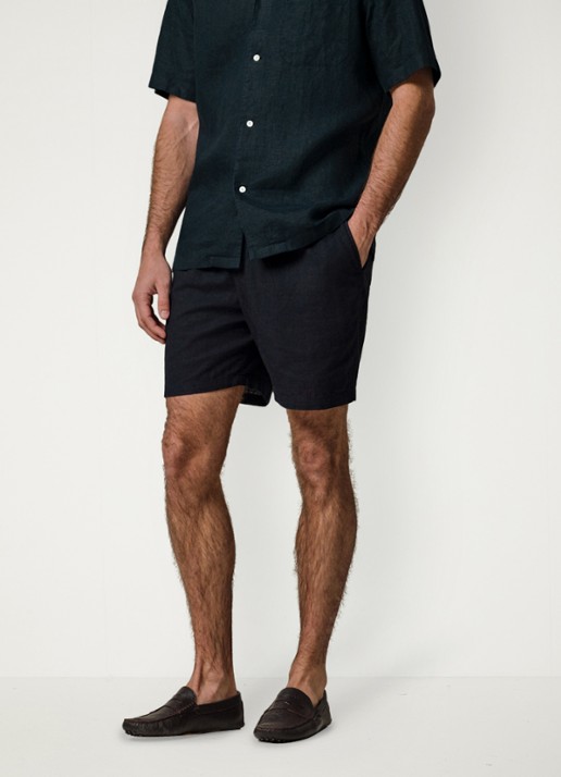 Profuomo Loose fit korte broek in linnenblend - detail blauw