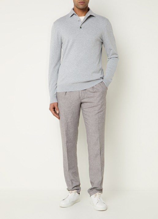 Profuomo Luxury fijngebreide regular fit polo  - voorkant 4 lichtgrijs