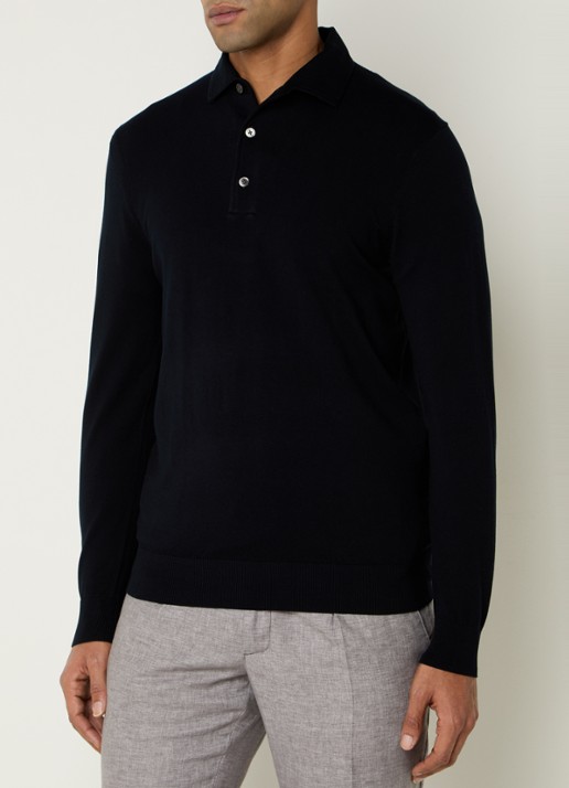 Profuomo Luxury fijngebreide regular fit polo  - detail 4 donkerblauw