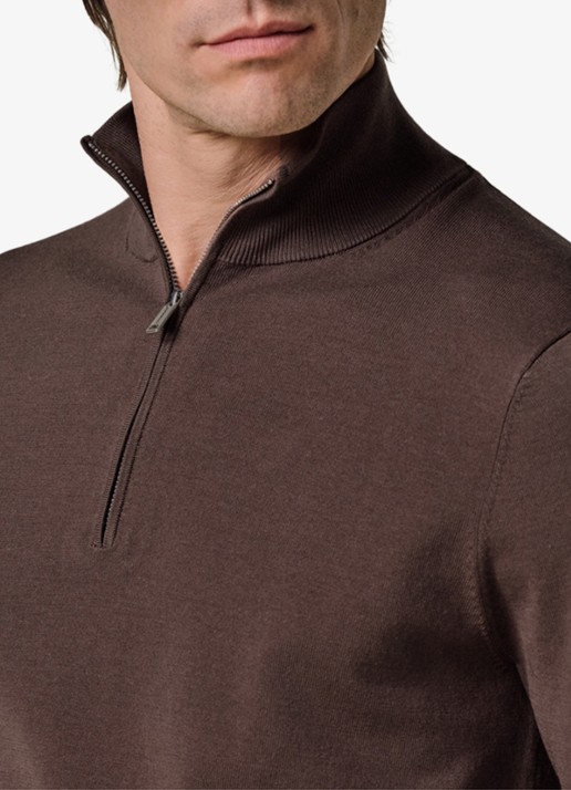 Profuomo Luxury fijngebreide trui met halve rits - detail 3 bruin
