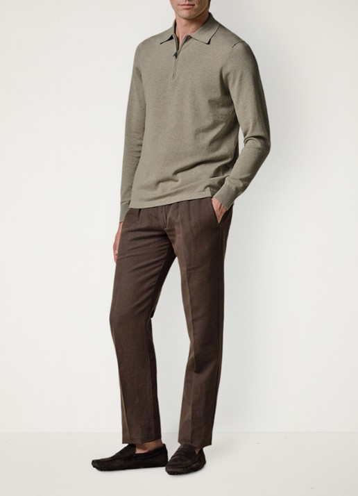 Profuomo Luxury regular fit polo met halve rits - voorkant 2 beige