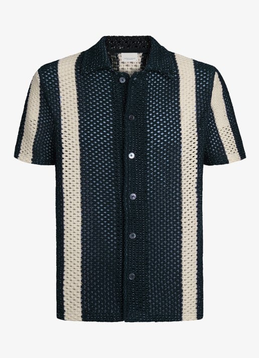 Profuomo Overhemd met opengewerkt dessin - voorkant 2 donkerblauw