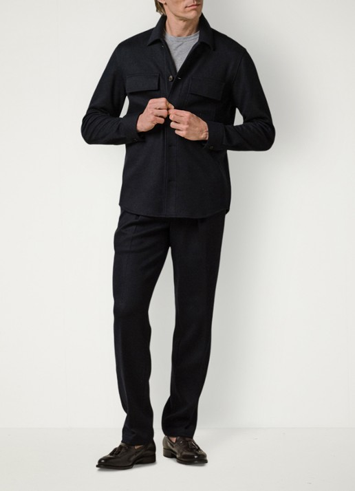 Profuomo Regular fit overshirt in wolblend met klepzakken - voorkant donkerblauw