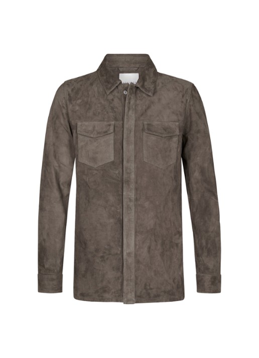 Profuomo Regular fit overshirt van suède met borstzakken - voorkant taupe