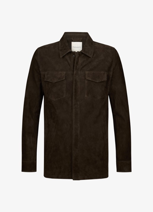 Profuomo Regular fit overshirt van suède - voorkant donkerbruin