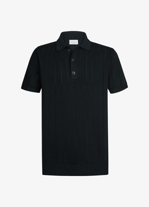 Profuomo Regular fit polo met opengewerkt dessin - voorkant 4 donkerblauw