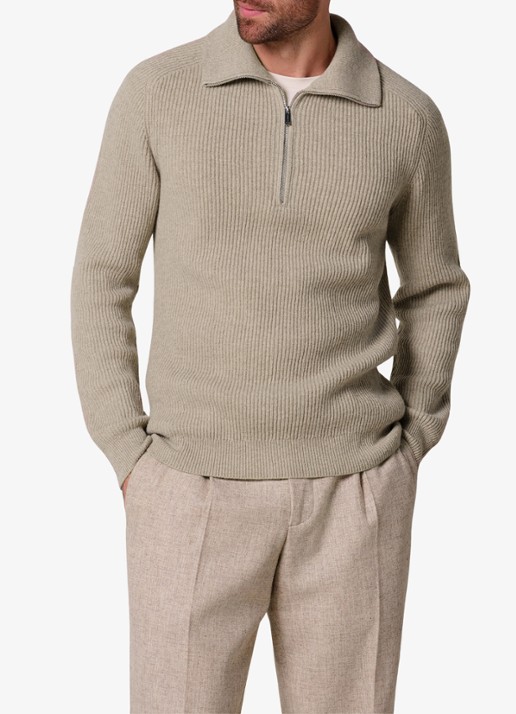 Profuomo Ribgebreide trui van wol met halve rits - detail beige