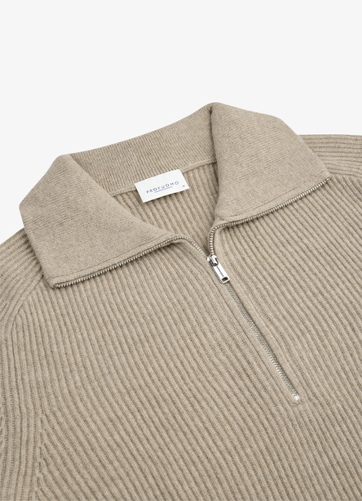 Profuomo Ribgebreide trui van wol met halve rits - detail 2 beige
