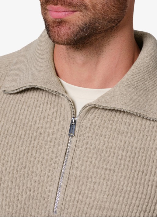 Profuomo Ribgebreide trui van wol met halve rits - detail 3 beige