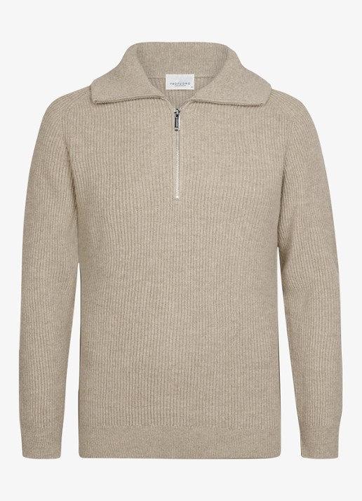 Profuomo Ribgebreide trui van wol met halve rits - voorkant 4 beige
