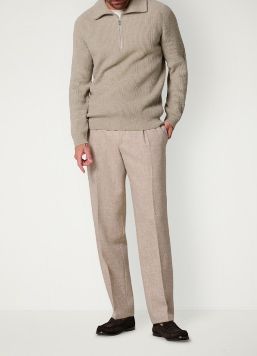 Profuomo Ribgebreide trui van wol met halve rits - voorkant 5 beige