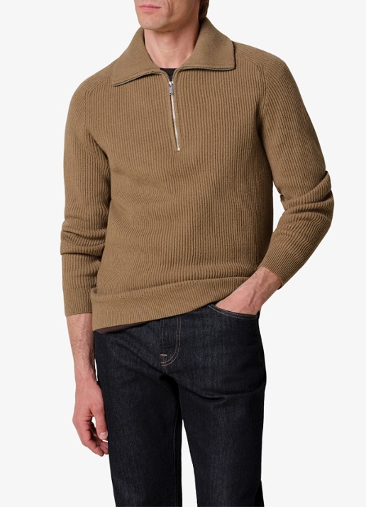 Profuomo Ribgebreide trui van wol met halve rits - detail cognac