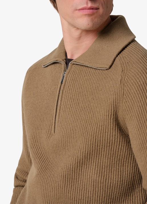 Profuomo Ribgebreide trui van wol met halve rits - detail 3 cognac