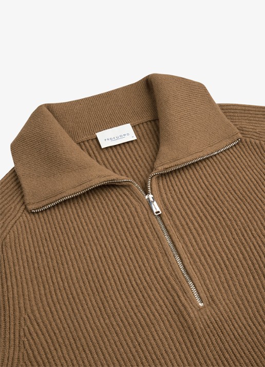 Profuomo Ribgebreide trui van wol met halve rits - detail 4 cognac