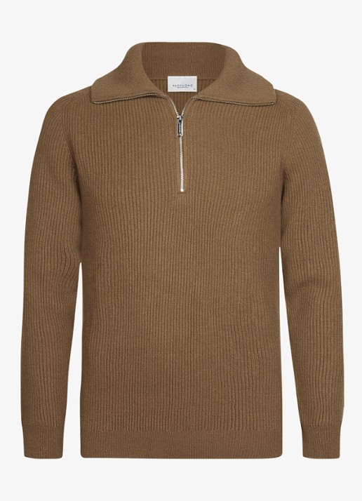 Profuomo Ribgebreide trui van wol met halve rits - voorkant 5 cognac