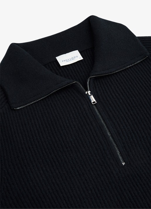 Profuomo Ribgebreide trui van wol met halve rits - detail 4 donkerblauw