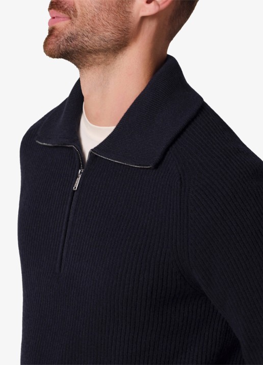 Profuomo Ribgebreide trui van wol met halve rits - detail 5 donkerblauw