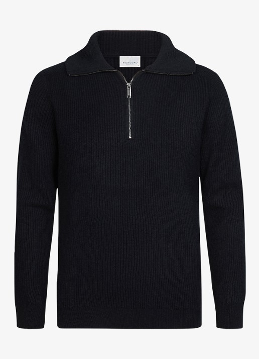 Profuomo Ribgebreide trui van wol met halve rits - voorkant donkerblauw
