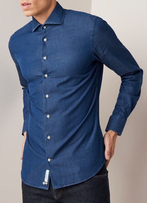 Profuomo Slim fit chambray overhemd met garment dye - detail 4 indigo