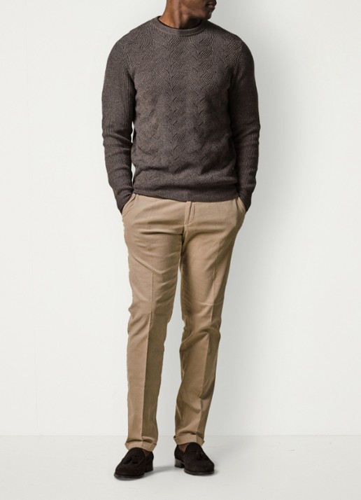 Profuomo Slim fit chino van corduroy met steekzakken - voorkant 3 donkerbeige