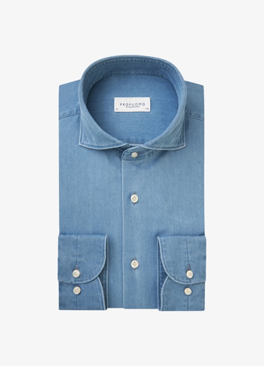 Profuomo Slim fit denim shirt met cutaway kraag - voorkant 4 blauw