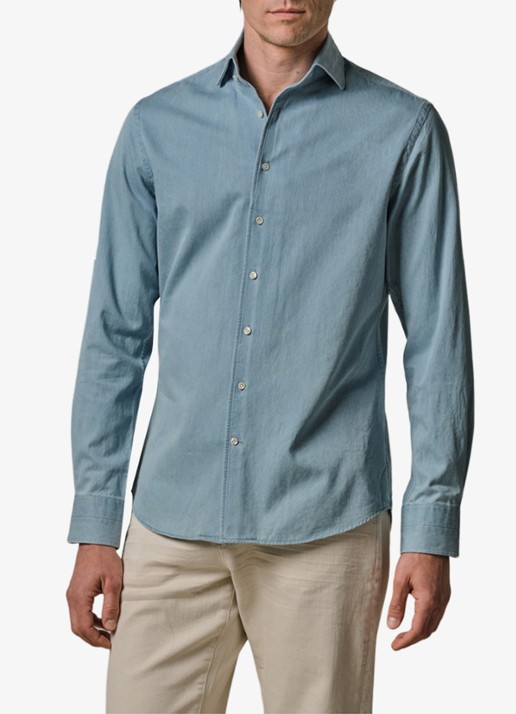 Profuomo Slim fit denim shirt met one piece kraag