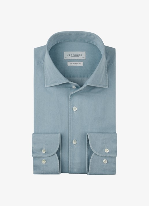 Profuomo Slim fit denim shirt met one piece kraag - voorkant 3 blauw
