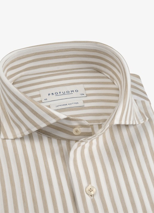 Profuomo Slim fit Japanese knitted shirt overhemd met streepprint - detail 5 beige