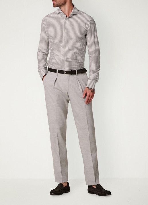Profuomo Slim fit Japanese knitted shirt overhemd met streepprint - voorkant 3 grijs