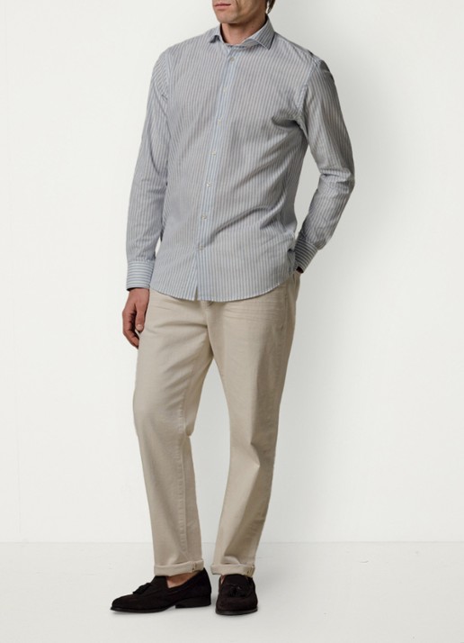 Profuomo Slim fit overhemd in linnenblend met streepprint - voorkant 2 blauw