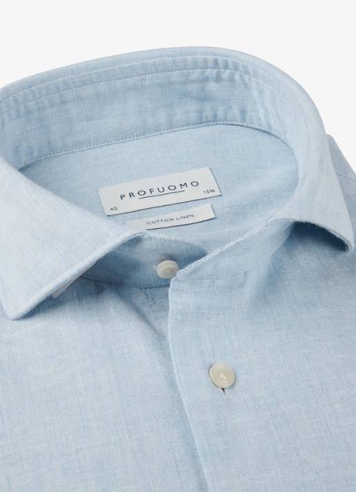 Profuomo Slim fit overhemd in linnenblend - detail 6 lichtblauw