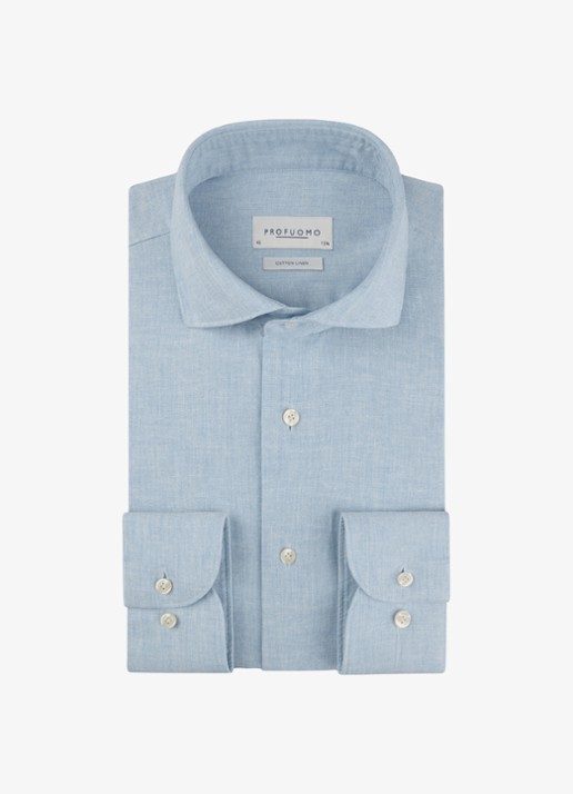Profuomo Slim fit overhemd in linnenblend - voorkant lichtblauw