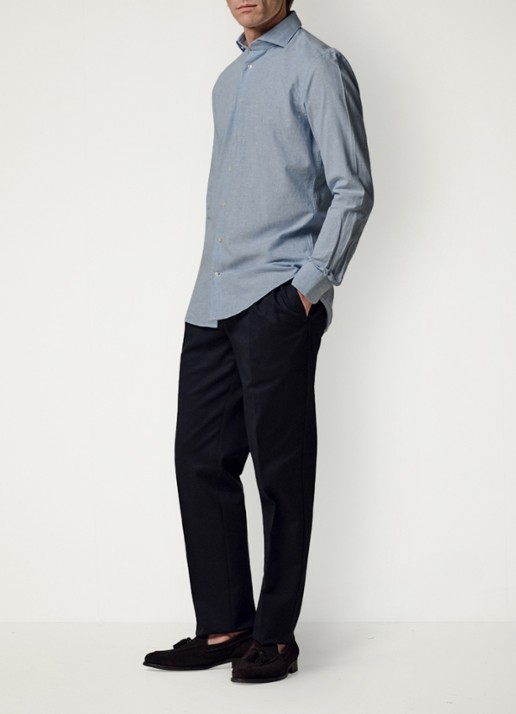 Profuomo Slim fit overhemd in linnenblend - voorkant 2 lichtblauw