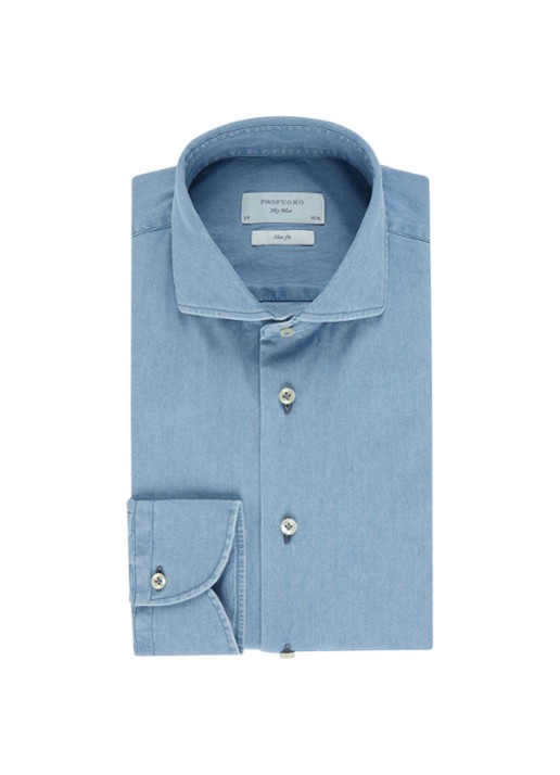 Profuomo Slim fit overhemd met denim look - voorkant indigo