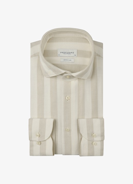 Profuomo Slim fit overhemd met streepprint in linnenblend - voorkant 5 beige