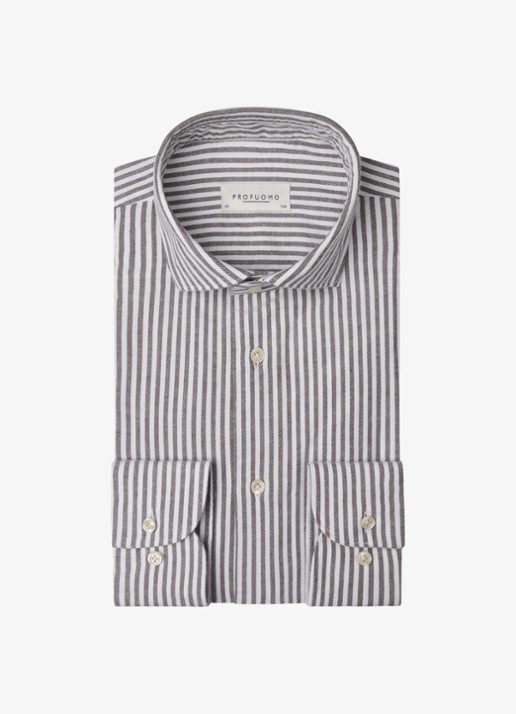 Profuomo Slim fit overhemd met streepprint - voorkant bruin