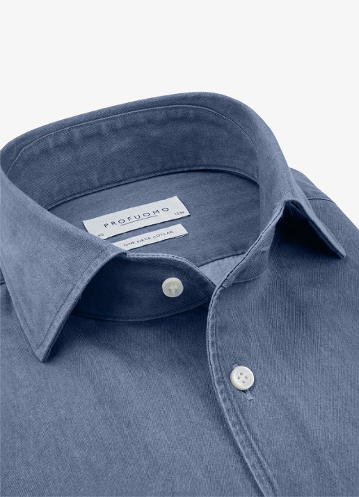 Profuomo Slim fit overhemd van denim - detail 3 indigo
