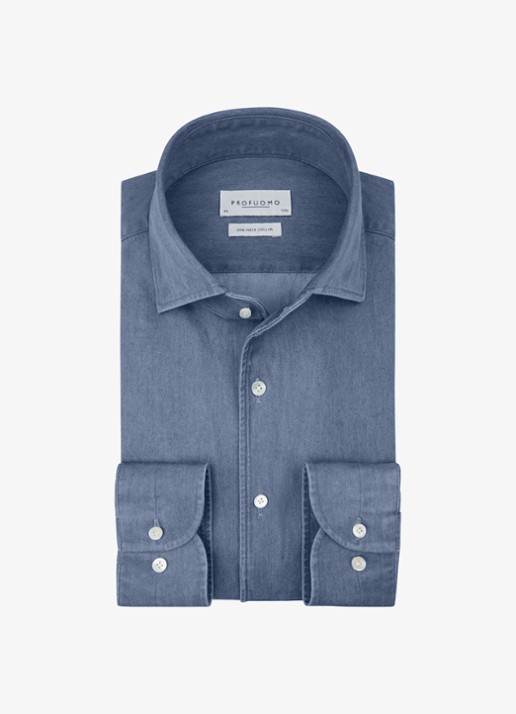 Profuomo Slim fit overhemd van denim - voorkant 5 indigo