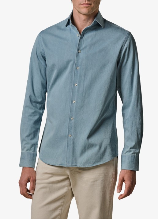 Profuomo Slim fit overhemd van denim - detail blauw