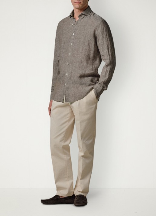 Profuomo Slim fit overhemd van linnen - voorkant 2 bruin