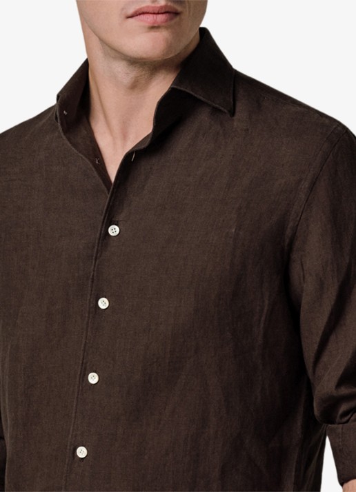 Profuomo Slim fit overhemd van linnen - detail 4 bruin