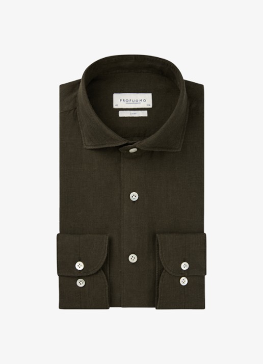 Profuomo Slim fit overhemd van linnen - voorkant bruin