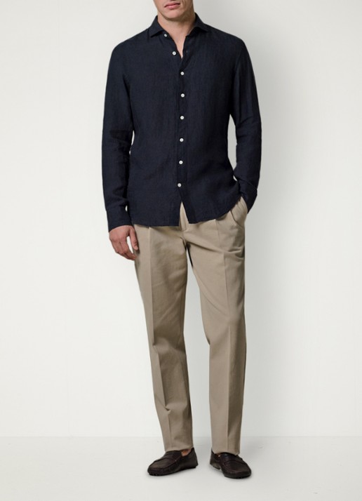 Profuomo Slim fit overhemd van linnen - voorkant 2 blauw