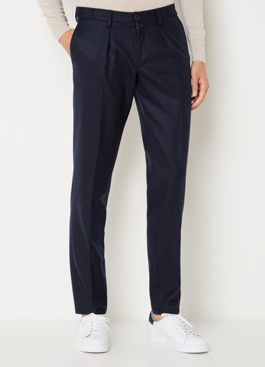 Profuomo Slim fit pantalon in wolblend met steekzakken - detail 6 donkerblauw