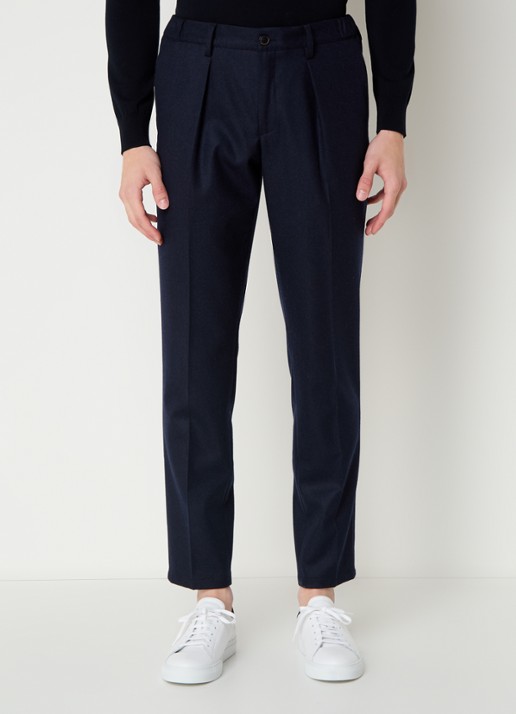 Profuomo Slim fit pantalon in wolblend met steekzakken - detail 8 donkerblauw