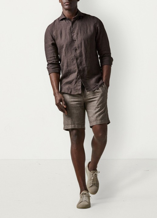 Profuomo Straight fit korte broek in linnenblend - voorkant 5 bruin