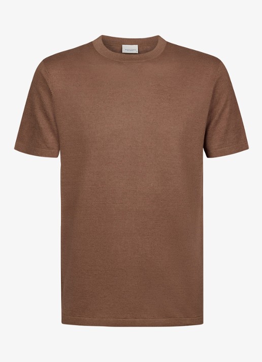 Profuomo T-shirt in linnenblend met ronde hals - voorkant 2 clay