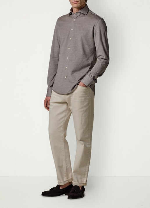 Profuomo The knitted shirt slim fit overhemd van piqué katoen - voorkant 2 bruin
